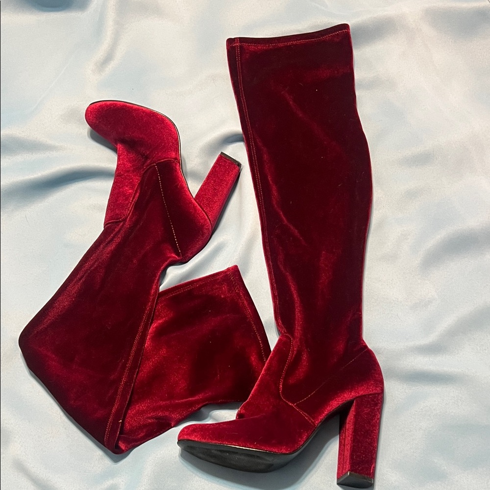 Elegant Red Velvet Knee-High Boots